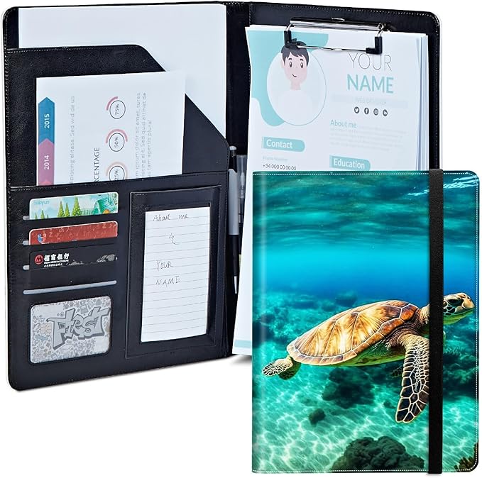 Sea Turtle Padfolio Folder with Clipboard,Portfolios Organizer Clipboards with Storage Clipboard Writing Pad PU Leather Conference Document Organizer with Business Card Holder