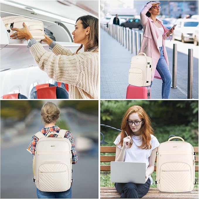 Travel Backpack for Women, Carry On Backpack for Airplanes Flight Approved, Waterproof Large Weekender Overnight Bag Fit 17 Inch Laptop with USB Charging Port, Beige