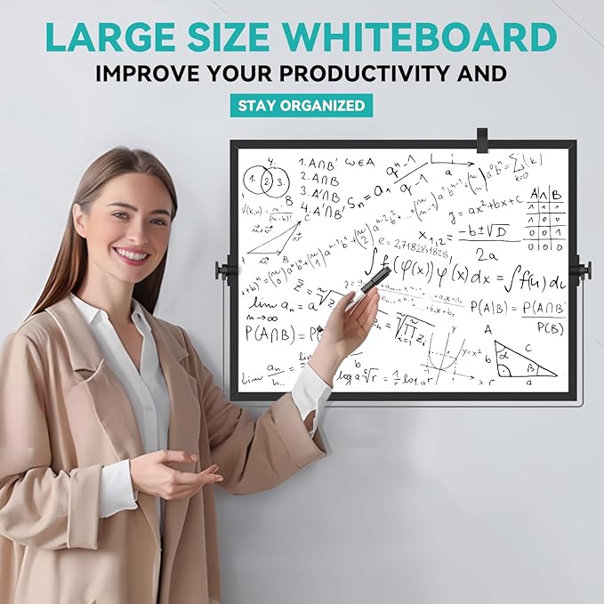 Dry Erase White Board, Cazeyoo Magnetic Desktop Whiteboard 16 x 12inch with Stand, 10 Markers, 4 Magnets and 1 Eraser, Portable Double-Sided White Board for Kids Drawing, Office, Home, School - Black