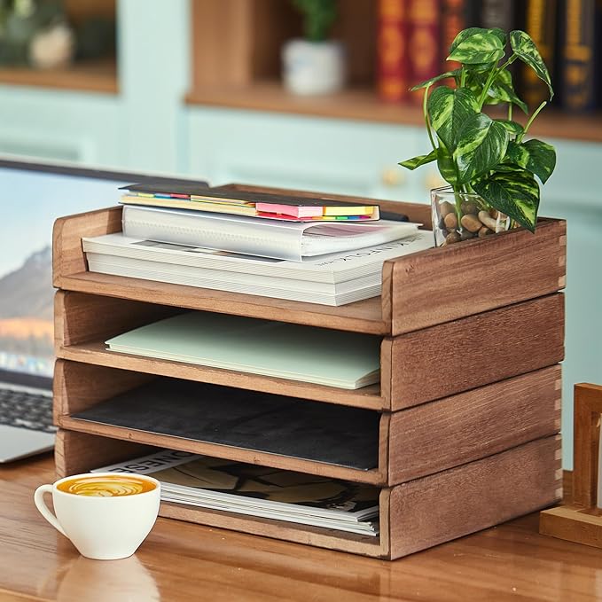 Yeaqee 4 Pcs Stackable Paper Tray Letter Tray Desktop Letter Size Wood Desk Organizer Office Wooden Desk Shelf Paper Holder Folder Organization Rack for Mail File Letter Document (Dark Wood Color)