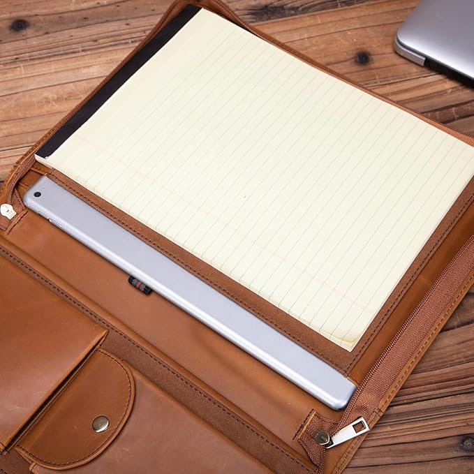 Handmade Crazy-Horse Leather Padfolio Portfolio, Easy to Carry with A Zippered Closure, Business Organizer Tablet Folio Folder with Letter Size Notepad, Gift for Women & Men (Brown, Custom)