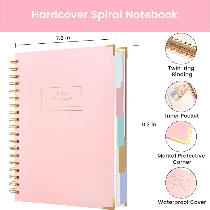 Yoment Hardcover Spiral Notebooks for Work School Note Taking, 8"x10" Journal Notebook with Tabs Dividers, Multi 5 Subject Notebook College Ruled, 240 Pages Lined Journal for Women, Pink