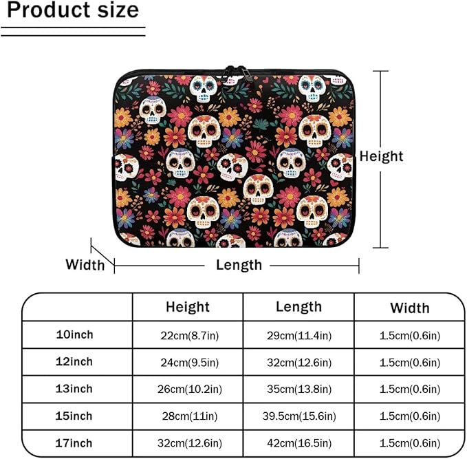 Skull Printed Computer Carrying Cover with Floral Print Laptop Case Bag Easy to Carry Computer Bag, 10 Inch Lightweight Laptop Briefcase Messenger Bag for Women