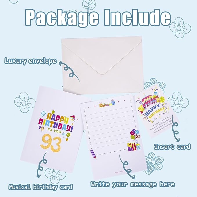 Gumry 93RD Musical Birthday PopUp Card, Blowable Colorful Light Candle 3D Cards with Song, Applause Cheers Sound, Greeting Cards Birthday Gifts Decorations for Women Men Turning 93 Years Old