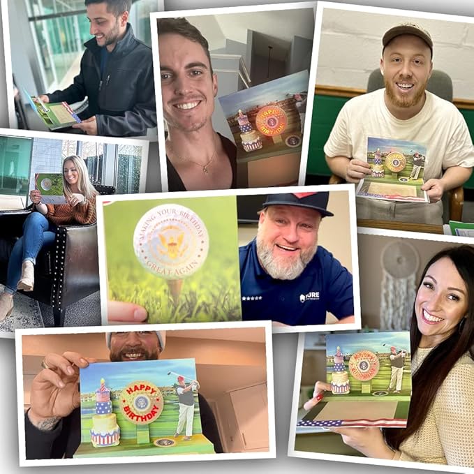 OUR FRIENDLY FOREST Pop Up Birthday Card with Light & Sound Features Real Donald Trump Voice Message for Men and Women, Parents, Couples (Golf)