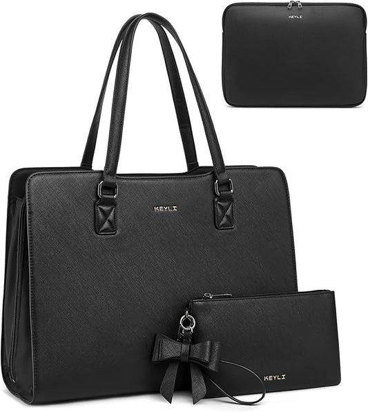 Keyli 4pc Sets Laptop Bag for Women Large Leather Laptop Briefcase with USB Charging Port Computer Shoulder tote Bags Purse