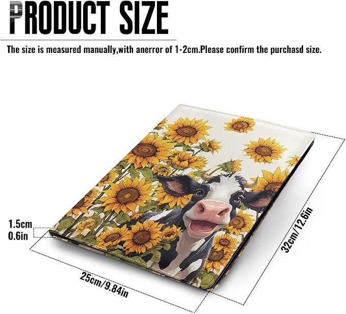 Cow Sunflower Printed Portfolio Folder Leather Padfolio with A4 Size Clipboard Clip for Business Resume Interview Document Sleeve Binder Folder for Men/Women