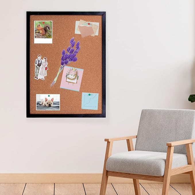 Black Cork Board Bulletin Board, 17.7"X 13.3" pin Boards for Walls, Oak Wood Finish Frame, Wall Mounted Cork Board for Office Home and School(Pins, Eye Bolts, gaskets, Screws)