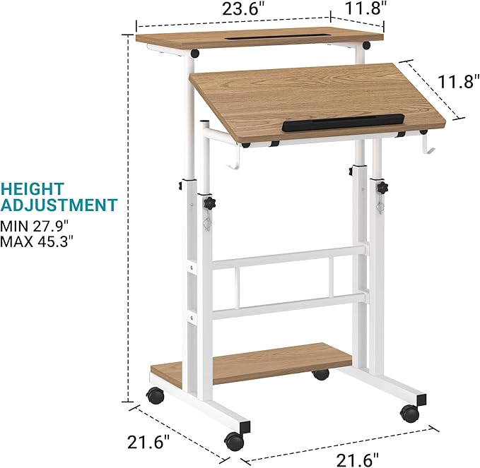 Klvied Mobile Standing Desk with Storage Bottom Shelf, Portable Stand Up Desk with Cup Holder, Adjustable Height Small Standing Desk, Rolling Desk with Wheels, Home Office Laptop Cart, Khaki