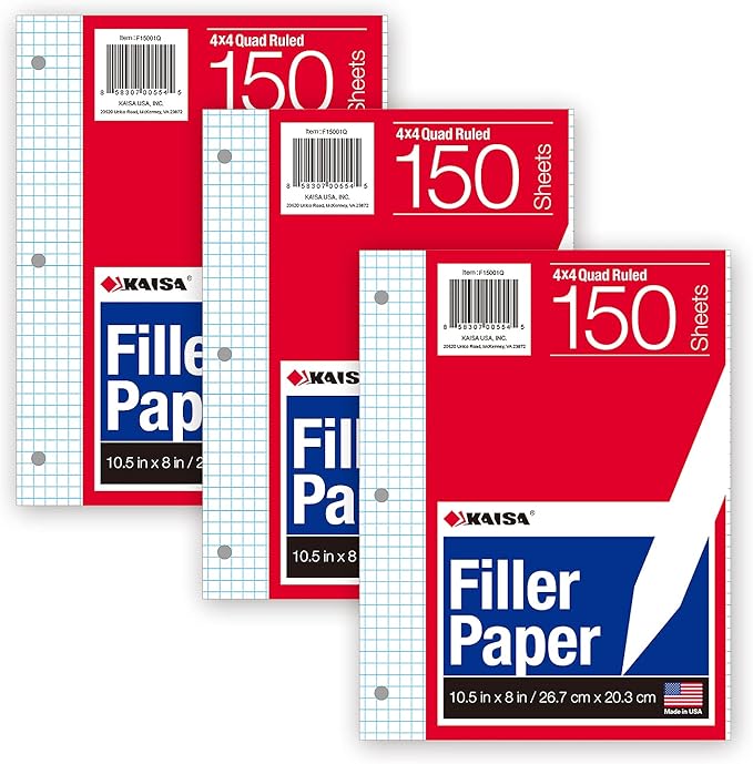 KAISA Loose Leaf Paper Filler Paper, 8"x10.5" Graph Ruled/Quad Rule Filler Paper 3-Hole Punched, Loose-Leaf Paper for 3-Ring Binders,150sheet/pack, 3pack F15001Q