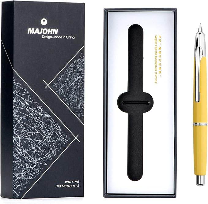 Majohn A2 Press Fountain Pen Extra Fine Nib with Box, Retractable Yellow Resin Ink Pen with Converter Writing Pen Set (Silver Clip Version)
