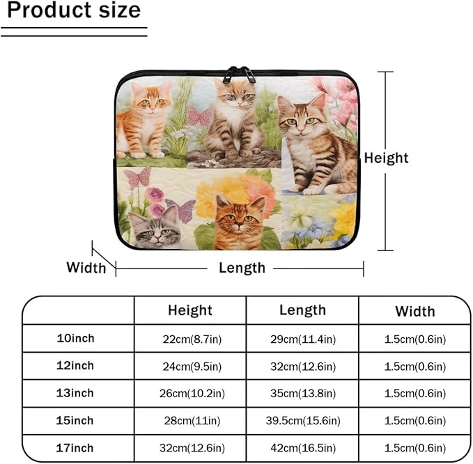 Cat Floral Printed Computer Case Bag for Girls Boys, Washable 10 Inch Laptop Bag Carrying Case Cute Laptop Briefcase Neoprene with Zipper, Compatible with Various Computers