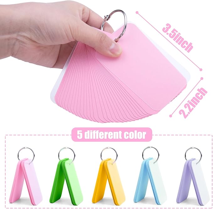 Koogel 250PCS Index Cards with Ring, Colored Study Cards Waterproof Covers 2.2 x 3.5 Inch Blank Notecards Flash Cards for School Learning Memory Office Recipe Game Cards