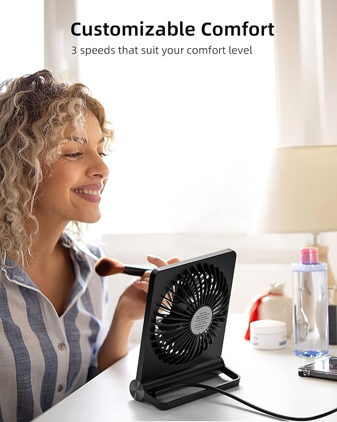 Koonie Desk Fan, Strong Wind Ultra Quiet Small USB Fan 180° Tilt Folding 3 Speeds Adjustable USB-C Powered Personal Fan for Home Office Desktop Black