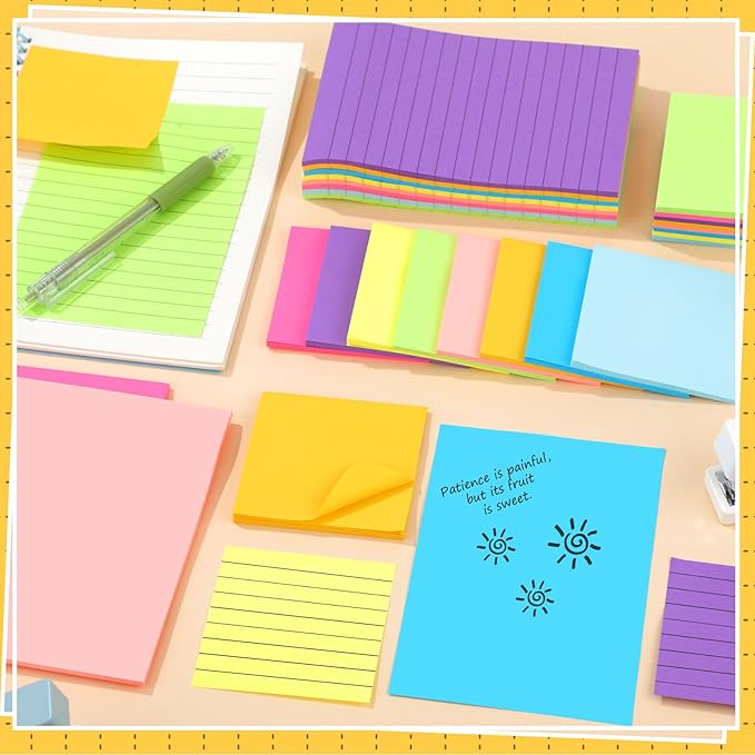 Yexiya 64 Pcs Lined Sticky Notes Self Stick Notes with Lines Bright Assorted Colors Sticky Notes for Home Office Products Post Memos, 1920 Sheets(4 x 6 Inch, 3 x 3 Inch,Multi Color)