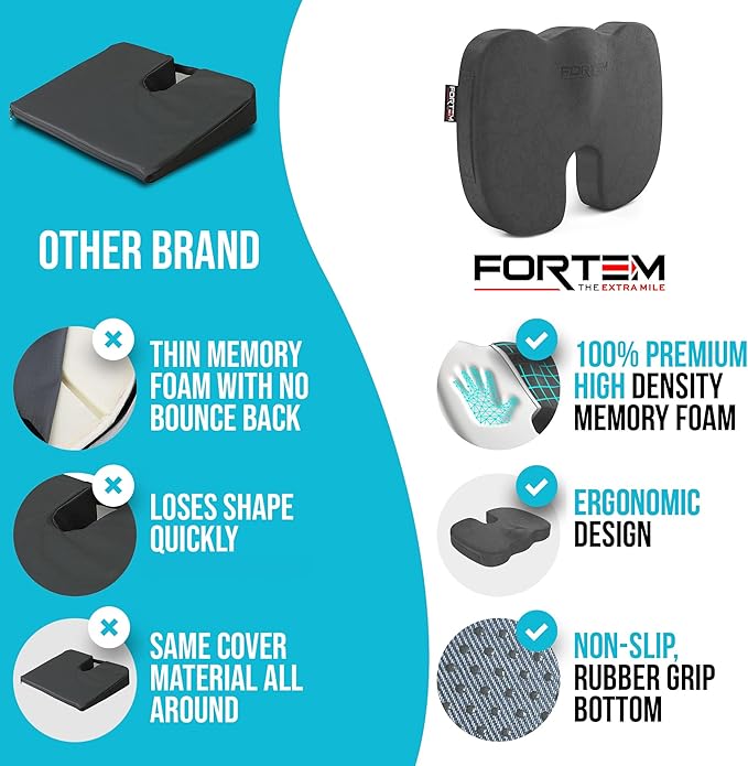 FORTEM Seat Cushion and Lumbar Support for Office Chair, Desk Chair Cushion, Memory Foam Office Chair Cushion, Non Slip Sitting and Back Pillow for Gaming, Car Seat Cushion, Chair Pad, XL