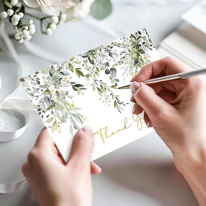 Whaline 50 Pack Greenery Thank You Cards Bulk Boxed Watercolor Eucalyptus Leaves Foil Gold Thank You Note Cards with Envelope Sticker for Thanksgiving Wedding