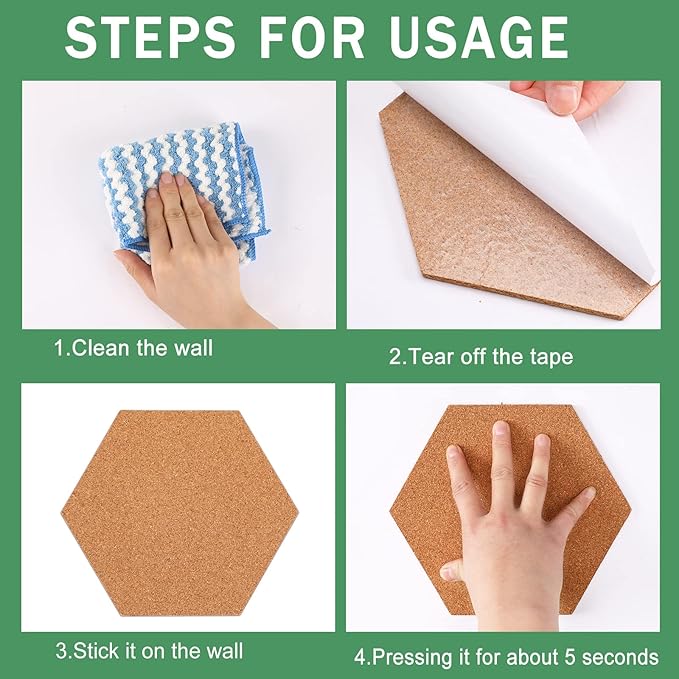 FEBSNOW 3 Pack Self-Adhesive Cork Board Tiles Hexagonal Cork Board Mini Wall Bulletin Board with 50 Multi-Color Push Pins
