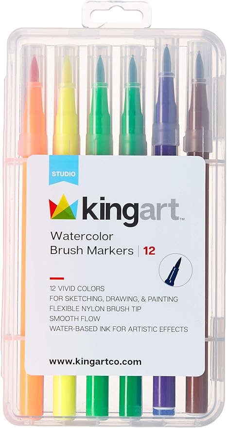 KINGART 'Watercolor-Effect' Brush Markers, 12 Colors - Brightly Colored Markers, Journaling, Lettering, Kids and Adult Coloring Books, and More, Comes with Durable and Convenient Carrying Case