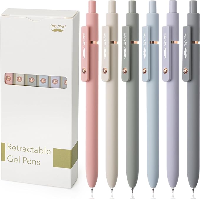 Mr. Pen- Retractable Gel Pens with Rose Gold Ring and Ball, 6 Pack, Morandi Barrels, Japanese Black Gel Pens, Fast Dry, Gel Pens Fine Point 0.5mm, Smooth Writing Aesthetic Pens for Journaling