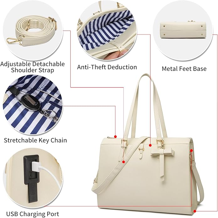 Keyli 4pc Sets Laptop Bag for Women Large Leather Laptop Briefcase with USB Charging Port Computer Shoulder tote Bags Purse