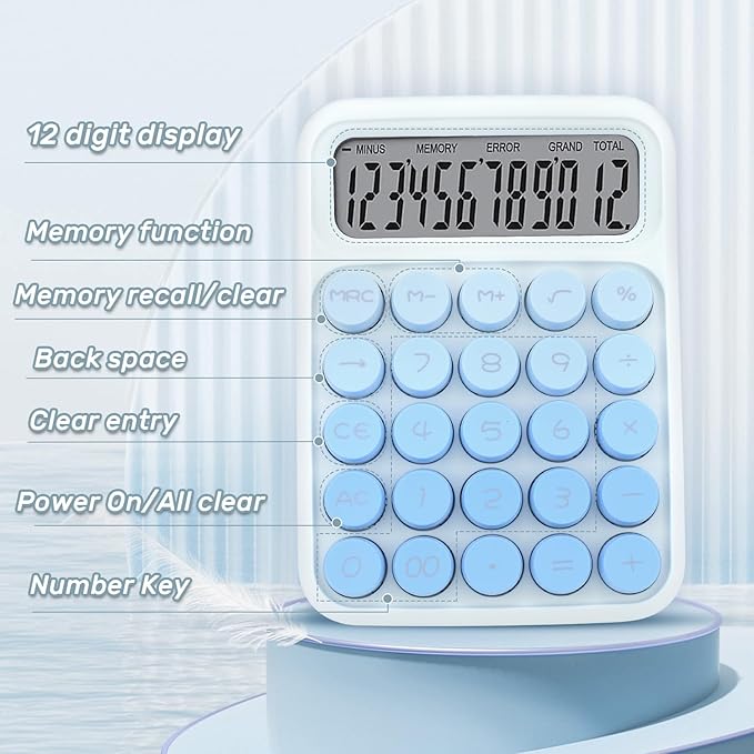 Mechanical Switch Calculator with Big Buttons, 12 Digits, Large LCD Display, Cute Pink Desktop Calculator, Aesthetic School Supplies for Office, School, Home & Business Use, Automatic Sleep (Blue)