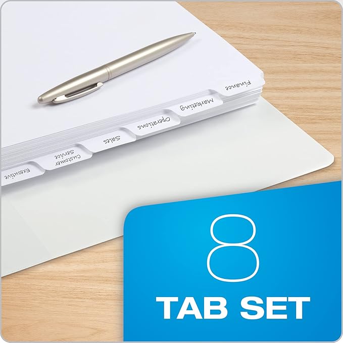 Oxford Blank Write On Binder Dividers, Dividers for 3 Ring Binder, Durable Plastic, 1/8 Cut Tabs, 3 Hole Punch Dividers in 8 Tab Sets, 80 Dividers, 10 Sets, White (89982)