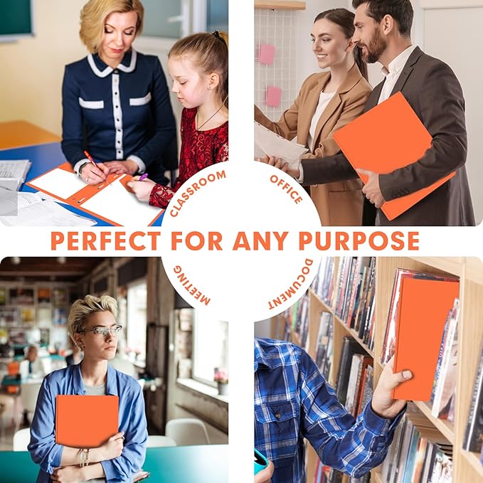 Plastic 2 Pocket Folders with Prongs, 30 Pack, Heavyweight, Letter Size Poly Folders with 3 Metal Prongs Fastener Clips (Orange)