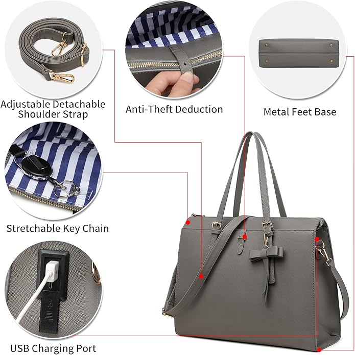 Keyli 4pc Sets Laptop Bag for Women Large Leather Laptop Briefcase with USB Charging Port Computer Shoulder tote Bags Purse