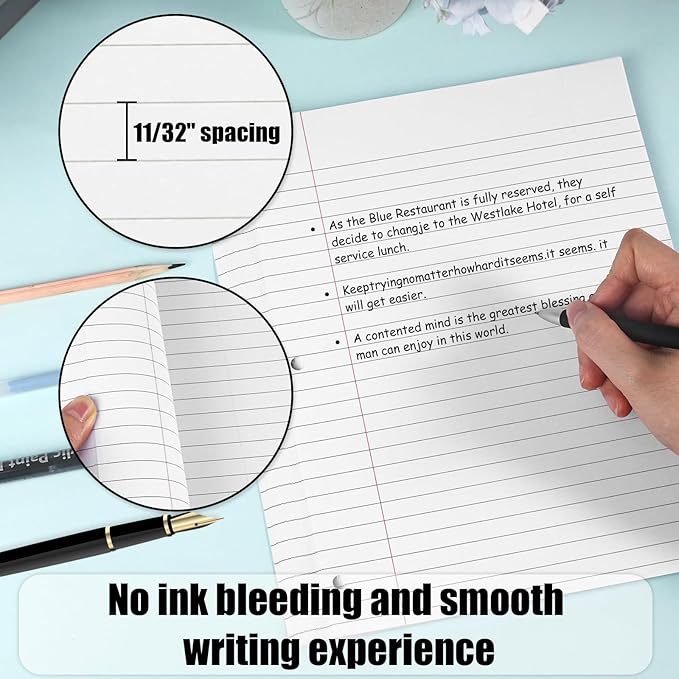 Koogel 100 Sheets Loose Leaf Paper, Wide Ruled Notebook Paper Bulk White Office Filler Paper 3-Ring Binders for School Office 8x10.5inch