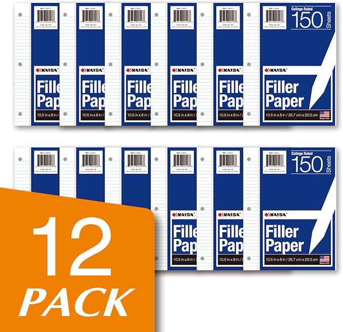 Kaisa Filler Paper Notebook Paper, College Ruled 8"x10.5" Loose Leaf Paper for 3-Ring Binders, 150 Sheet/pack,12pack (Total 1800 Sheets)