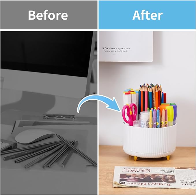 Marbrasse Desk Organizer, 360-Degree Rotating Pen Holder for Desk, Desk Organizers and Accessories with 5 Compartments Pencil Organizer, Art Supply Storage Box Caddy for Office, Home (White)