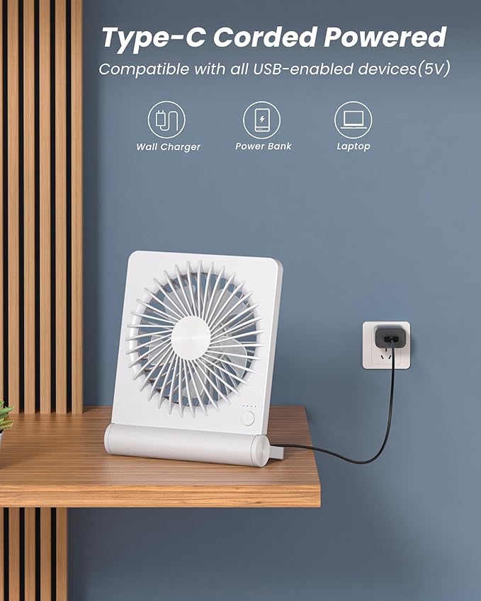 Koonie USB Fan, Strong Wind Ultra Quiet Small Desk Fan 220° Tilt Folding 3 Speeds Adjustable USB-C Corded Powered Personal Fan for Home Office Desktop White