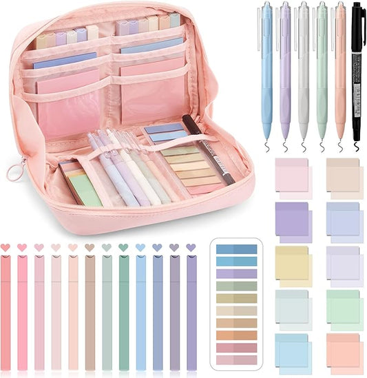 Jutom 39 Pcs Aesthetic Book Annotation Kit Pencil Case Bag with Highlighter Gel Pen 700 Sheets Transparent Sticky Notes Pads Index Tab Bible Study Supplies for School(Pink,Kawaii Style)