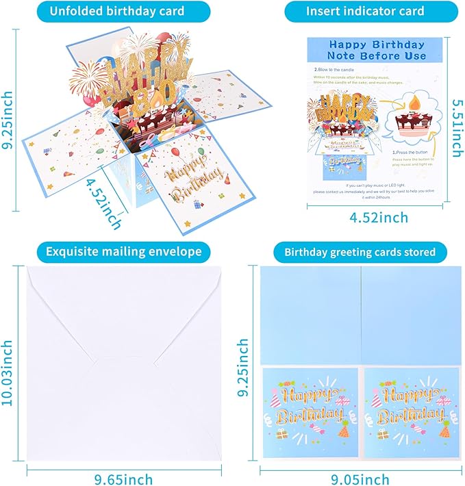 Tnvee 80TH Birthday Cards with Lights & Music & Candle, 3D Large Pop Up Happy Birthday Cards for Women Man Greeting Cards Decorations for 80 Years Old Mom Dad Grandparents