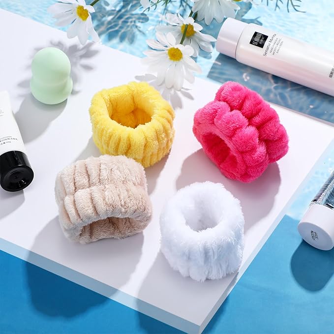 Chuangdi 4 Pairs Wrist Bands for Washing Face Wrist Spa Microfiber Wash Towel Band Scrunchies Absorbent Wristbands Sweatband for Women Prevent Liquid from Spilling