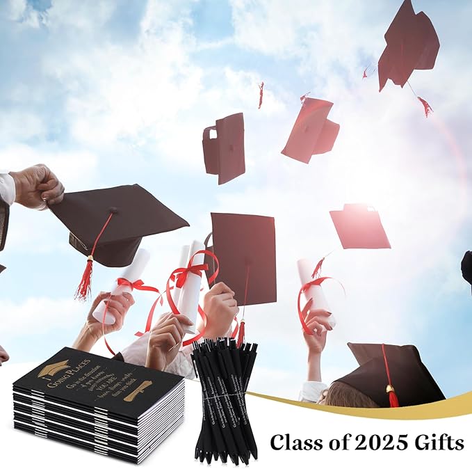 Kosiz 120 Pcs Graduation Gifts Motivational Mini Journal Inspirational Bamboo Pen Kraft Notebooks Bulk Wooden Retractable Ballpoint Pen for Class of 2025 College Gifts (Black)