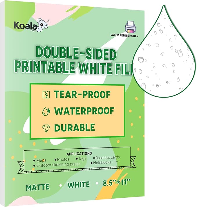 Koala Waterproof Paper for Laser Printer, Tearproof Printer Paper, Matte Double Sided Printable White Film 8.5x11 In 60 Sheets For Printing Backpacking Maps