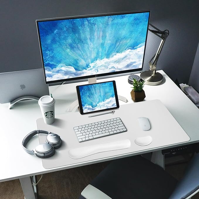 Bloss Leather Desk Pad and Keyboard Wrist Rest, Large Mouse Pad + Keyboard Pad+Mouse Wrist Support, Non-Slip Desk Mat Protector for Office, Home (35.4×15.7 Inches,White)