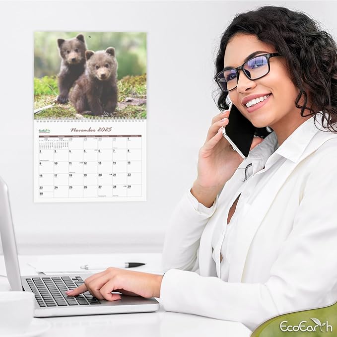 EcoEarth Biodegradable 11x17 Inch (Open) 12-Month Vertical Hanging Wall Calendar, Jan 2025 - Dec 2025 Monthly Calendar, Baby Animals