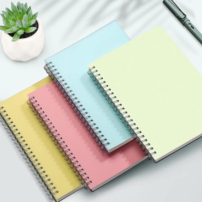 AHGXG Bullet Dotted Journal, 3 Pack Spiral Notebook A5, with 100GSM Thick Dot Grid Paper, Transparent Hardcover, Journal Stencils, 80 Sheets, 5.7" x 8.3", Yellow, Green, Blue