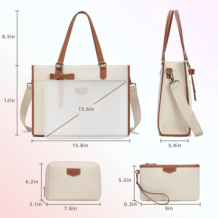 Keyli 3 PCS Laptop Bag for Women Canvas Tote Bags 15.6 inch Large Capacity Shoulder Handbag Lightweight Briefcase Purses