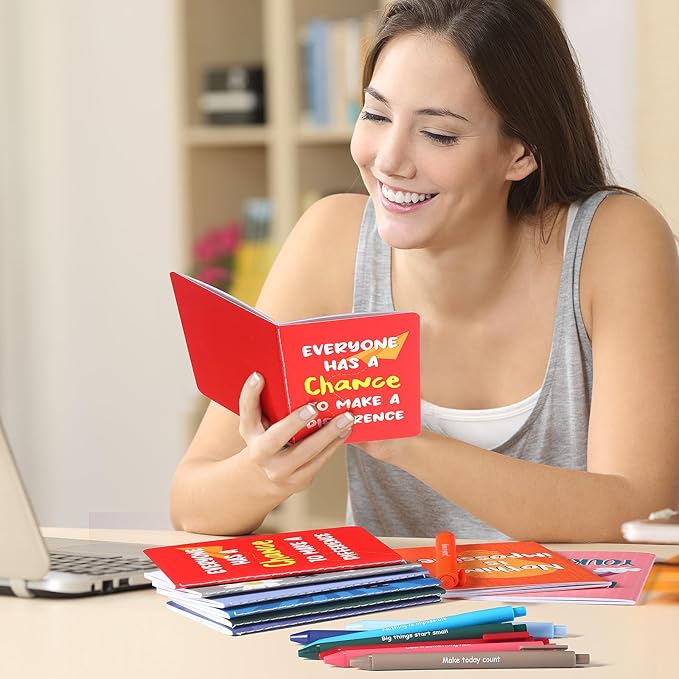 Funrous 32 Pcs Motivational Quote Pens Inspirational Notepads Mini Journal with Ballpoint Pen Small Notebooks Gift Set for Men Women Coworkers, Adult Party Favors Prizes Gift Bulk(Vibrant)