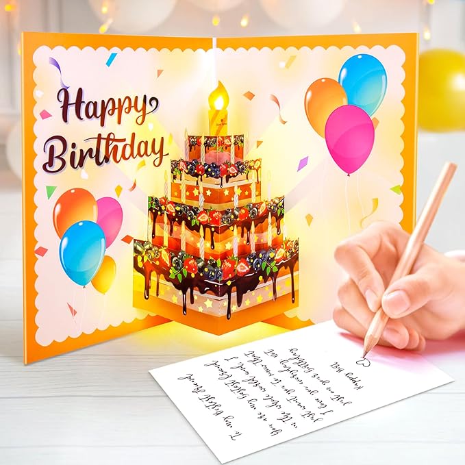 Birthday Cards, Musical Pop Up Birthday Cards with Light, Blow Out LED Light Candle and Play Happy Birthday Music Pop Up Card, 90 Degree Vertical Cake Greeting Card, Birthday Gifts for Women