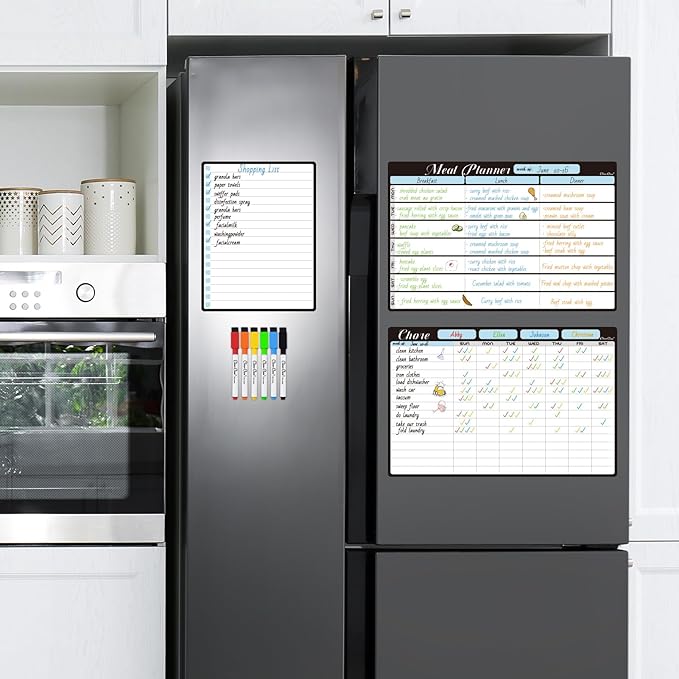 Magnetic Dry Erase Chore Chart and Menu Board - 8.5"x13" Chore Board and Meal Planner for Fridge - 6.5"x8.5" List Board and 6 Extra Fine Point Markers Included - Shipped Flat