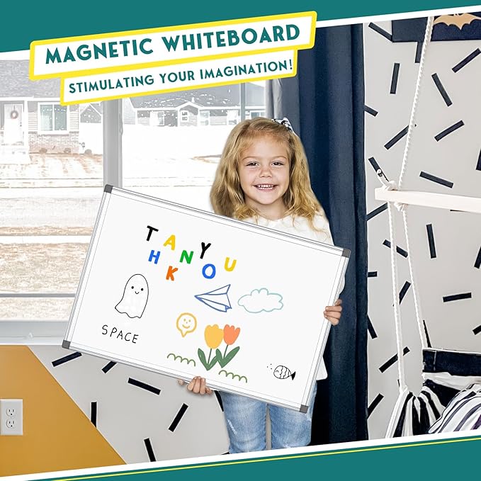 Double-Sided Magnetic White Board, 24"x 18" Dry Erase Board for Wall Mounted & Hanging with Aluminum Frame, Whiteboard for School, Office and Home