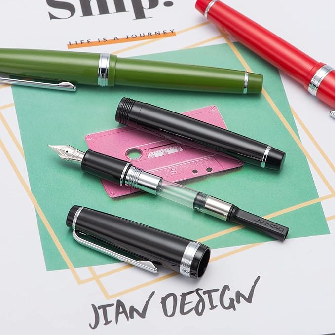 Jinhao 82 Red Acrylic Fountain Pen, Iridium Fine Nib Classic Design Smooth Writing Pen with Ink Converter (Silver Trim)
