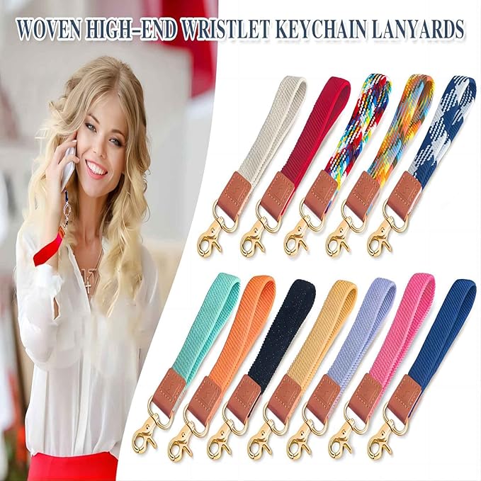 Fishent Stretchy Wristlet Keychain,Braided Cute Wrist Lanyards for Keys, Key Chain Holder for Women Men, Wrist Strap Keychain for Car Keys Phone Camera Wallet ID Badges Card (Blue-White)