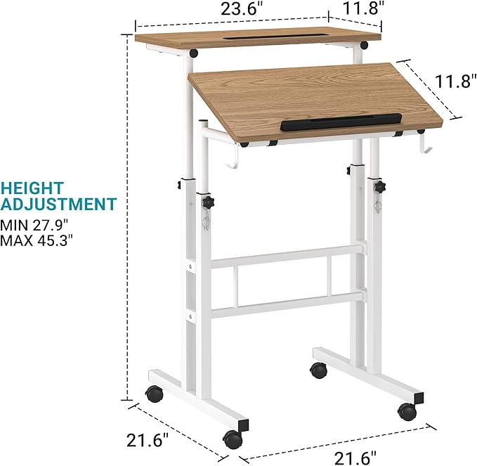 Klvied Stand Up Desk on Wheels, Portable Computer Desk for Home Office,Rolling Desk for Laptop with Removable Cup Holder, Adjustable Laptop Cart for Standing or Sitting,Khaki