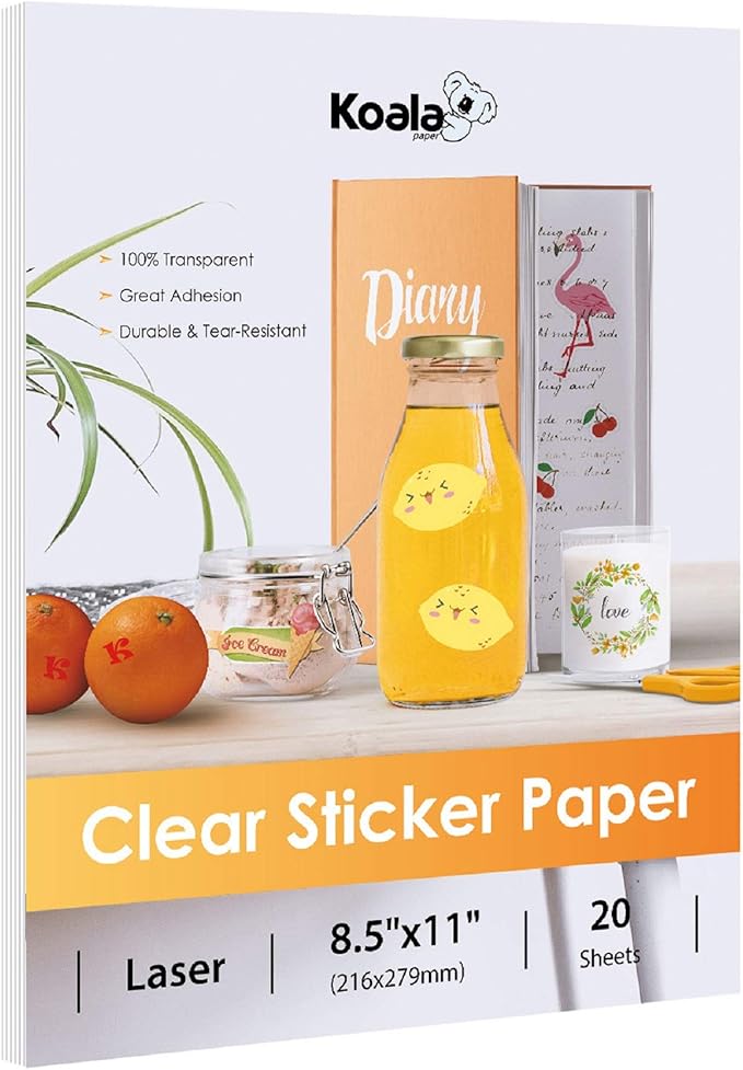 Koala Printable Clear Sticker Paper - ONLY for LASER Printer - 8.5x11 Inch 20 Sheets Full Sheet 100% Transparent Label Paper for DIY Personalized Decals, Labels